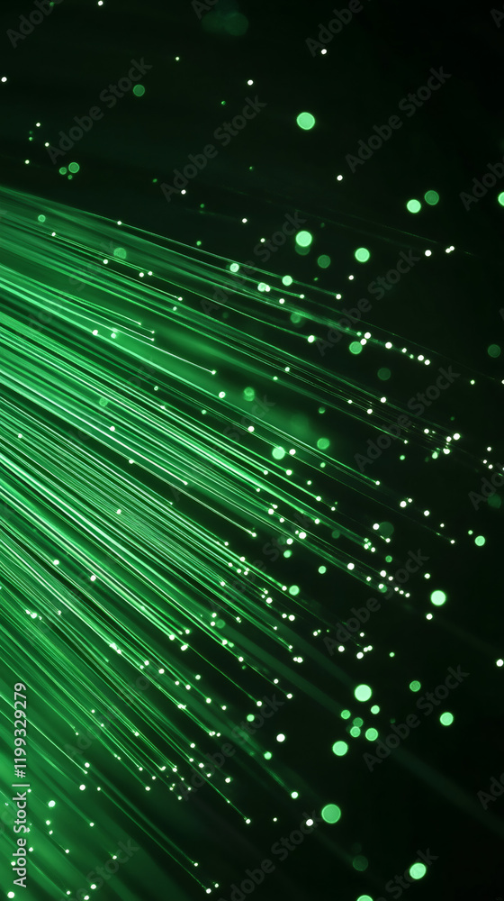 Fototapete Green fiber optic cables transmitting data creating a beautiful bokeh effect on a dark background