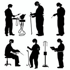10 black simple silhouette depictions of humans performing various professional activities on a white background