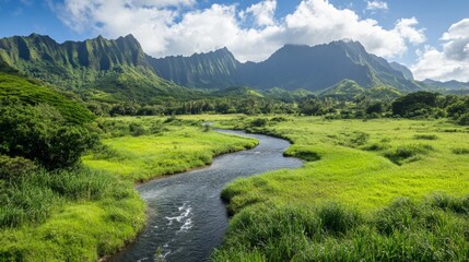 A lush green valley with a small stream winding through, framed by towering mountains in the background,