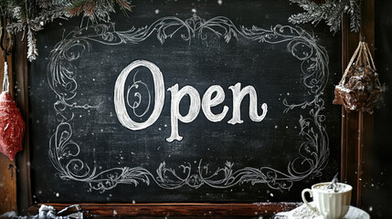 A rustic chalkboard sign displaying the word "Open," adorned with decorative elements, evoking a warm and inviting atmosphere.