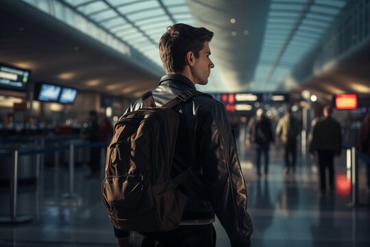 A traveler stands in an airport, gazing forward amidst a busy terminal filled with passengers and bright screens.