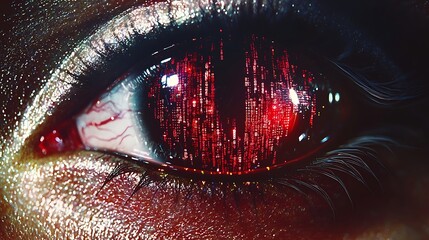 Futuristic depiction of a stylized human eye glowing with reflections of 3D code in a digital space