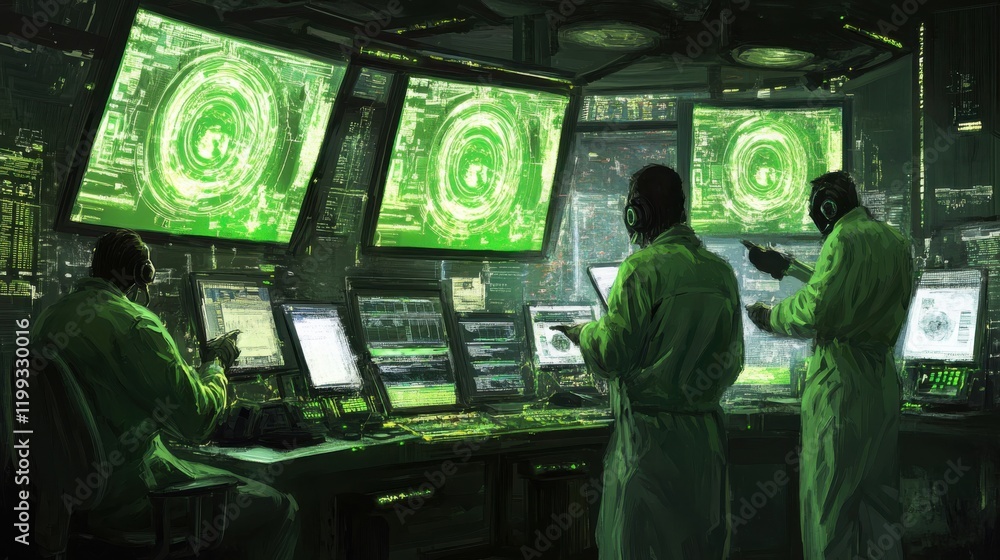 Poster scientists monitoring high-tech screens in a futuristic control room with digital data displays