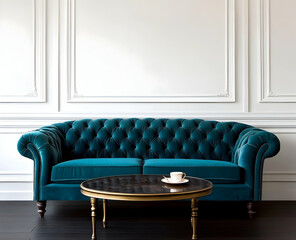 Dark teal velvet sofa in front of a white wall, with a coffee table and side tables, modern interior design