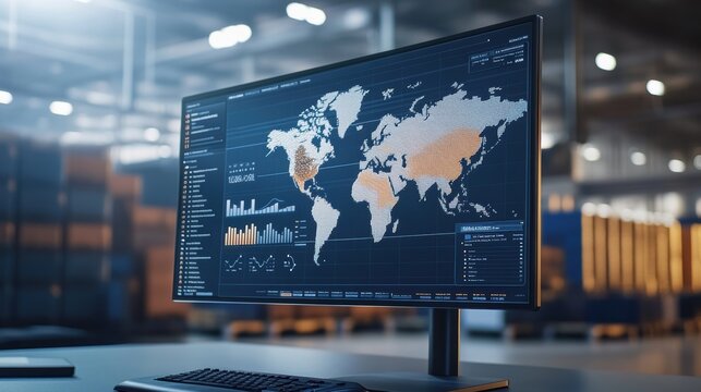 A computer monitor displaying a sophisticated mapping software that visualizes the supply chain network with supply routes logistics hubs and delivery points vividly depicted.