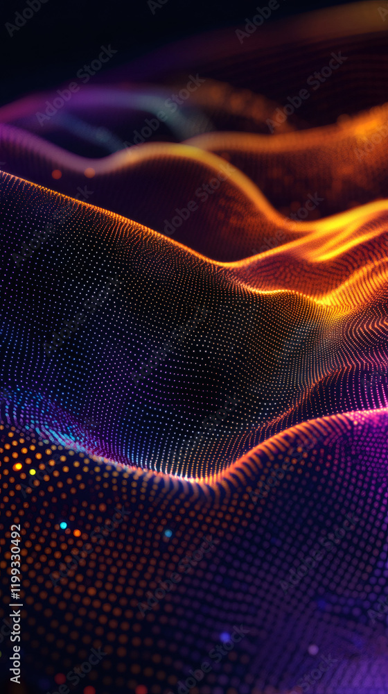 Poster flowing digital wave particles create vibrant, colorful lines in a dark cyberspace, illuminating the