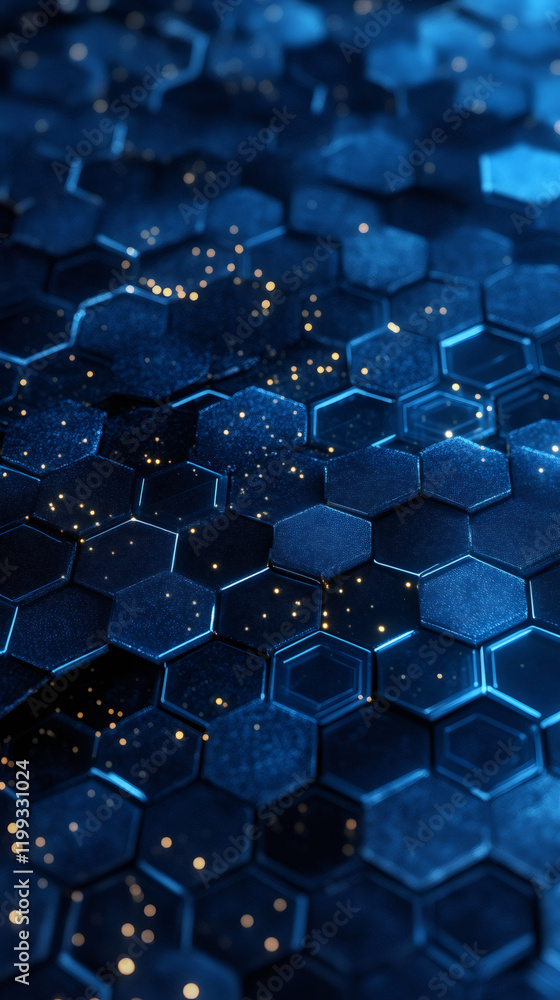 Poster glowing hexagonal network radiating technological energy across digital landscape