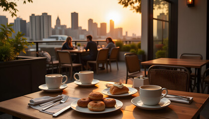 Cozy outdoor cafe brunch with artisan pastries and coffee mugs on a terrace with city skyline backdrop