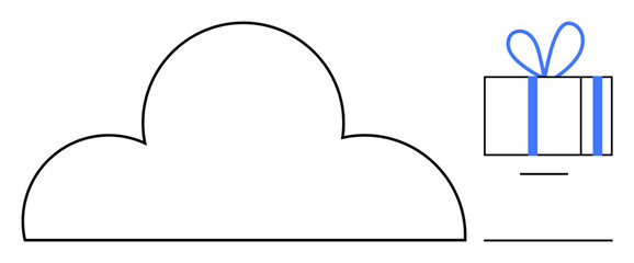 Cloud shape and gift box with blue ribbon on the right. Ideal for weather, online storage, gift services, app marketing, festive themes, educational materials, holiday promotions. Line metaphor