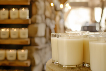artisan packaging handcrafted candles, beautiful display visible, warm workshop lighting
