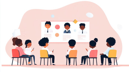 Obraz premium A group of diverse individuals seated in a classroom, attentively listening to a presentation displayed on a screen.