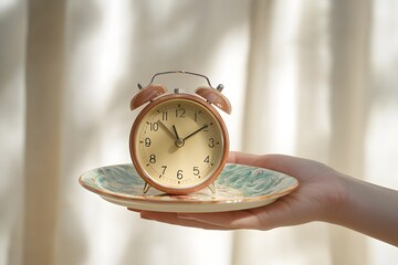 Clock on plate symbolizes interval fasting and mindful eating practices. Generative AI