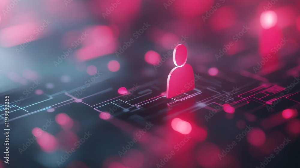 Poster a digital representation of a person highlighted in red amidst a network of connections and data, sy