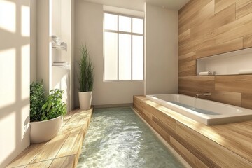 Fototapeta premium Modern minimalist bathroom with sunken bathtub and wooden accents