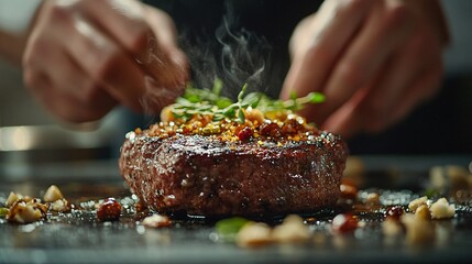 Detailed view of a chef’s hands crafting a stunning gourmet dish, capturing the passion and finesse of fine dining in a top-tier restaurant setting.