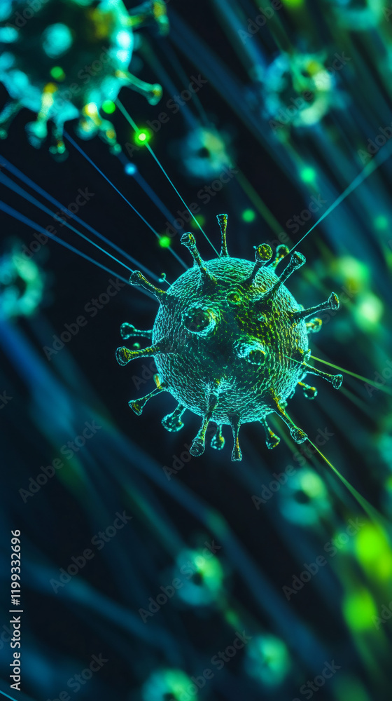 Poster 3d rendering of a microscopic view of coronavirus particle spreading through neural network, symboli