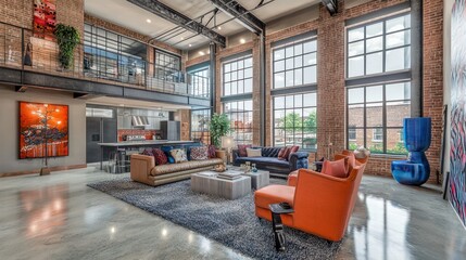 Modern loft interior with large windows and stylish furnishings.