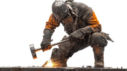 A metal fabricator shaping steel with a hammer and anvil, isolated on a bright white backdrop,