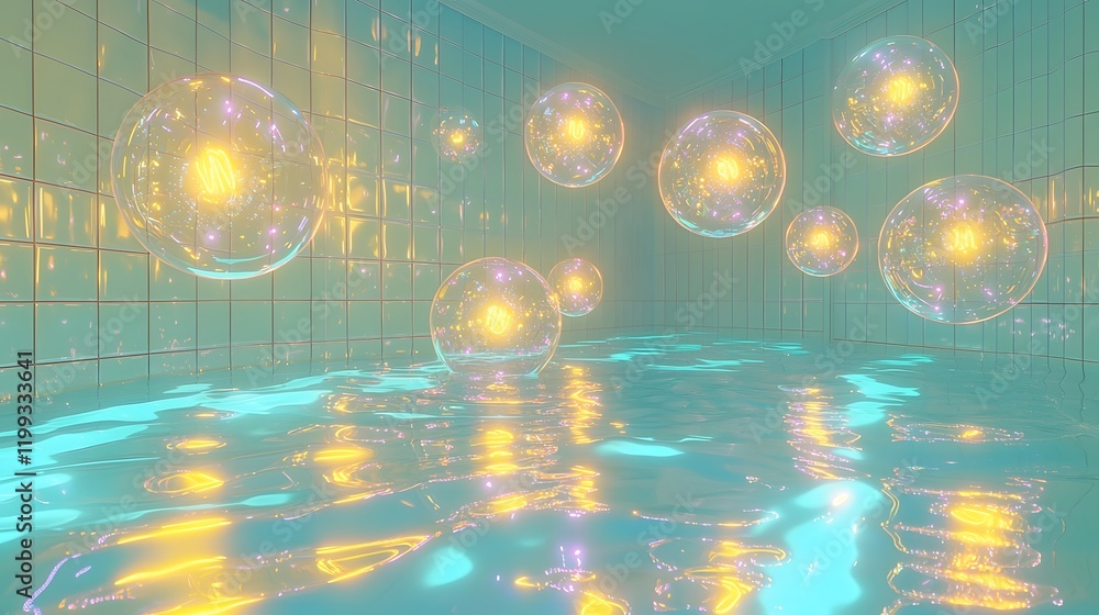 Poster colorful bubbles floating above shimmering water in an abstract space. generative ai