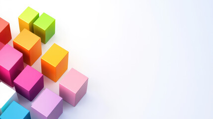 Fototapeta premium A colorful arrangement of 3D cubes, showcasing vibrant hues like pink, orange, green, and yellow against a light background.