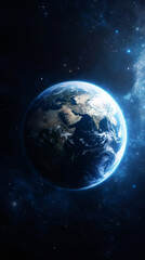 Fototapeta premium Spinning planet revealing illuminated landmasses, dark oceanic surfaces, amid starry cosmic backdrop of infinite space