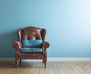 Photograph of a leather armchair with a blue cushion on a wooden floor against a light blue wall
