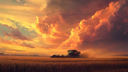 Fototapeta premium Combine Harvester Working Golden Sunset Field