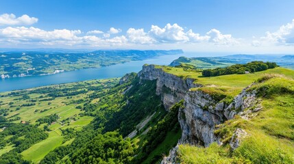 Panoramic Lake and Cliff Landscape