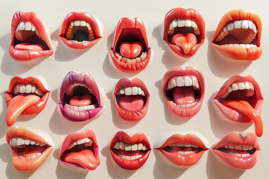 A vibrant collection of expressive lips and mouths showcasing diverse emotions and gestures.