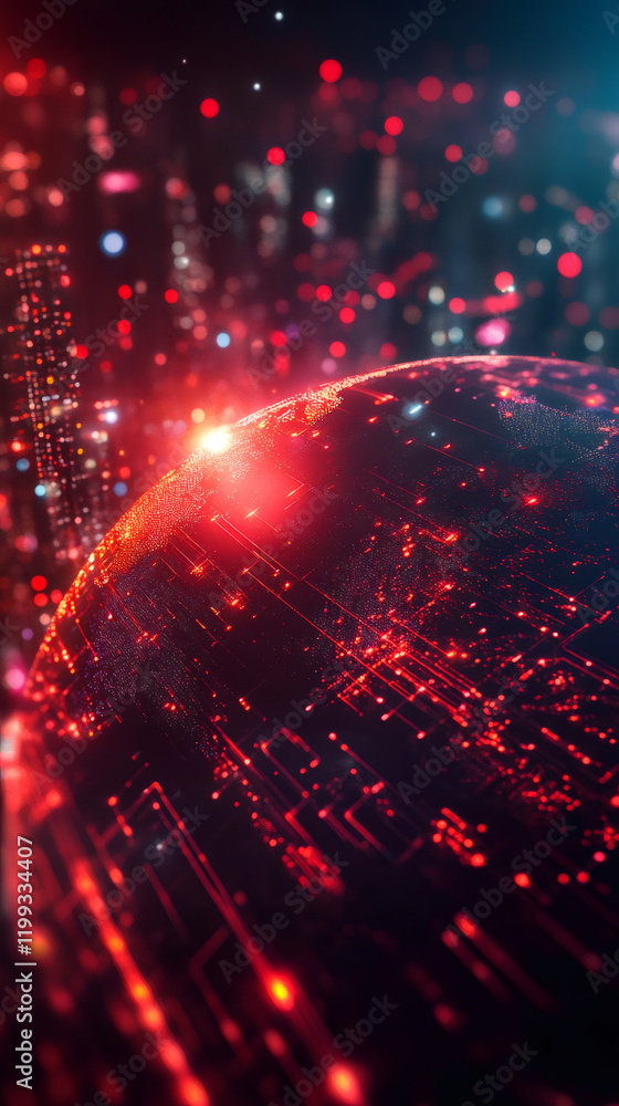 Aufkleber rotating red glowing planet earth features intricate electronic circuits and connections, embodying 