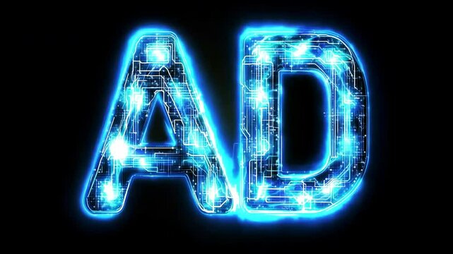 Glowing Blue Neon Text with Futuristic Circuit Technology Design on Black Background