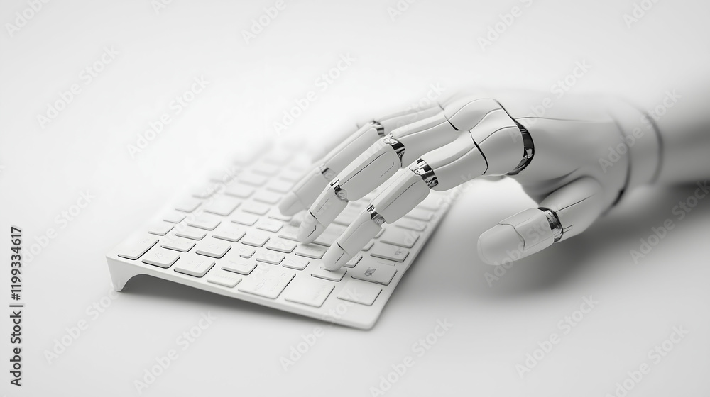Poster a robotic hand types on a sleek white keyboard, symbolizing the intersection of technology and human