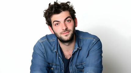 Fototapeta premium Actor in a casual outfit, posing with a relaxed expression on a plain white background