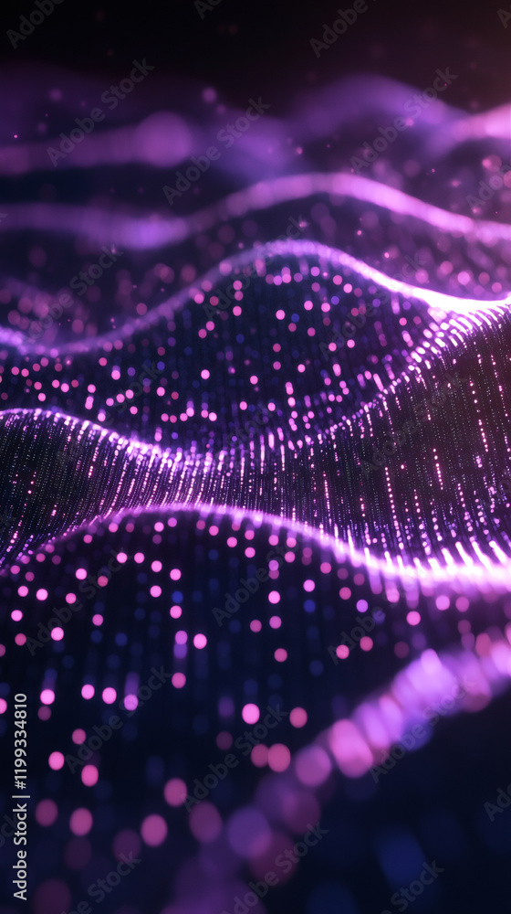 Fototapete abstract purple digital wave particles flowing on black background representing futuristic technolog