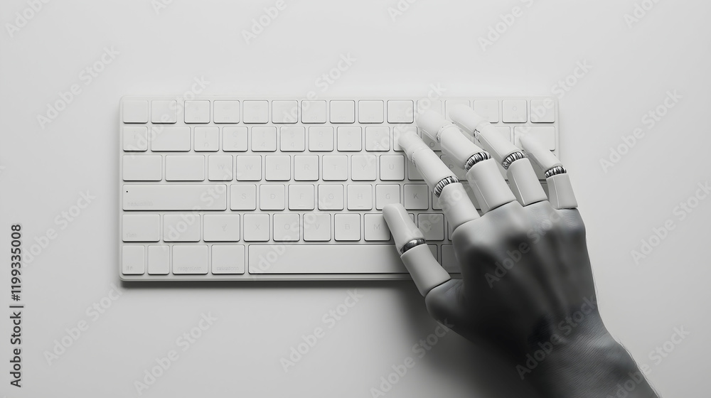 Poster a robotic hand is typing on a sleek white keyboard, symbolizing automation and technology in modern 