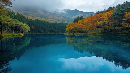 Fototapeta premium Autumnal Serenity: A Tranquil Lake Reflecting Colorful Trees and Misty Mountains
