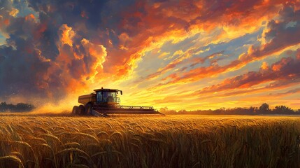 Fototapeta premium Harvest Combine Working Golden Sunset Field