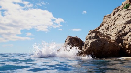 Waves crashing against rocky shoreline under a clear blue sky.