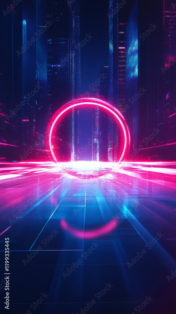 Poster pink neon light forming a circular portal in futuristic city with skyscrapers and glowing lines, per
