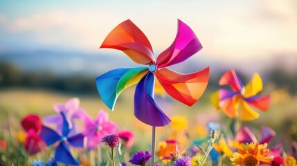 Colorful pinwheel spins amid vibrant flowers under bright sky, e