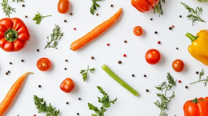 A mix of colorful vegetables, including carrots, tomatoes, and bell peppers, carefully laid out on a white transparent background,