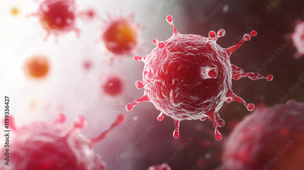 Poster a close-up view of red viruses, showcasing their intricate structure with spikes, set against a blur