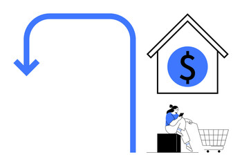Downward arrow, house with dollar sign, person sitting on black box, shopping cart. Ideal for finance, economy, personal savings, investment budgeting consumer behavior e-commerce. Abstract line