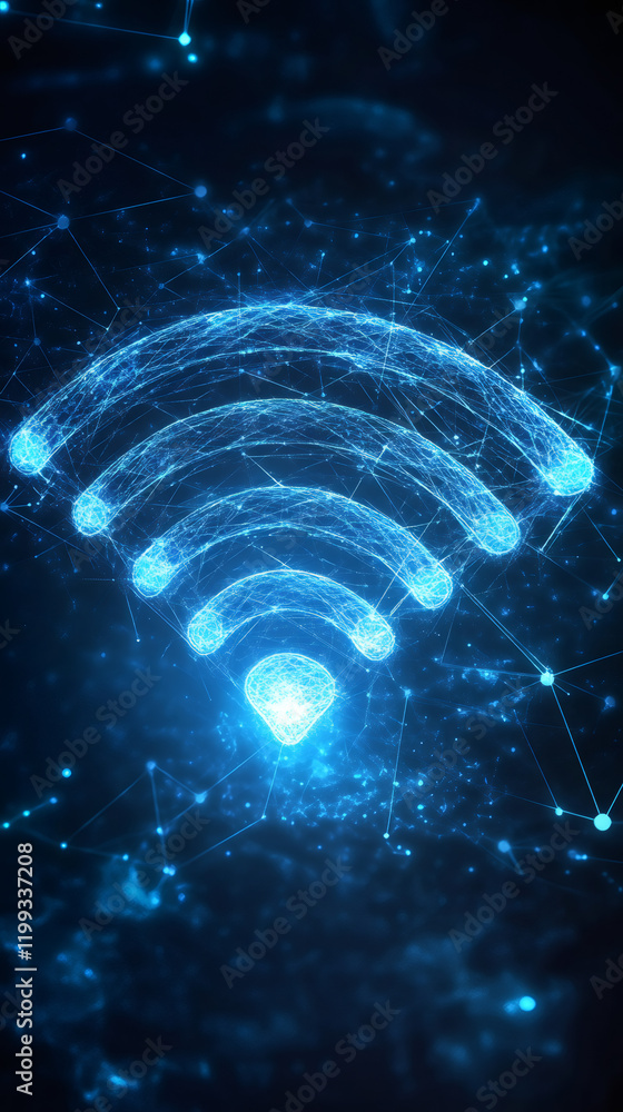 Poster luminous low poly wifi icon signaling digital network connectivity against deep blue backdrop