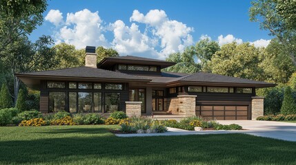 Modern house design with a landscaped yard and blue sky.