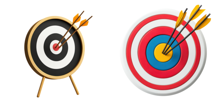 3D archery target with arrows hitting bullseye, showcasing precision and skill
