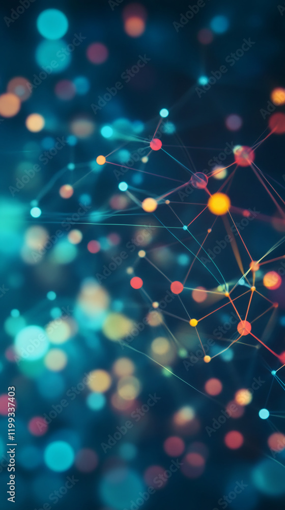 Poster abstract plexus structure featuring a vibrant network of colorful lines and spheres on a dark backgr