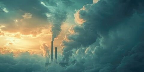 Fototapeta premium A coal-fired power plant with large smokestacks and a dramatic cloudy sky in the background.