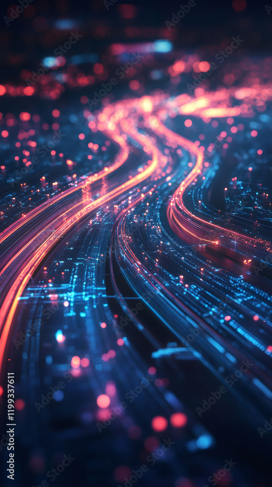 Fototapete Digital data streaming through luminous circuit board lines, representing technological innovation and big data transmission