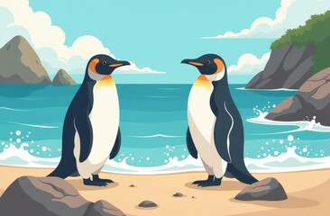 Obraz premium Two penguins standing on a sandy beach with turquoise ocean waves, rocky cliffs, and a bright blue sky with fluffy clouds